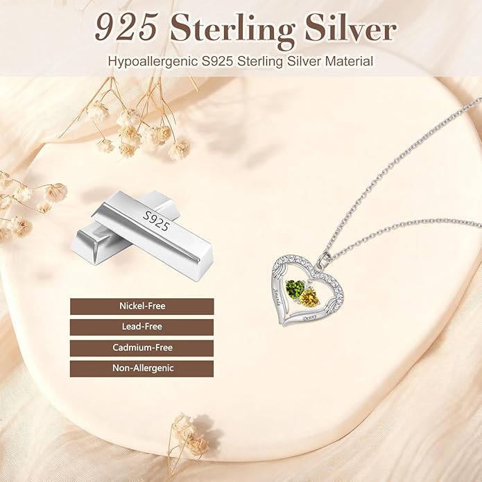JOBFLY S925 Sterling Silver Customized 2 Birthstone Heart Necklace with 2 Name Engraved Personalized Mother Daughter Necklace Couple Jewelry Christmas Birthday Gift