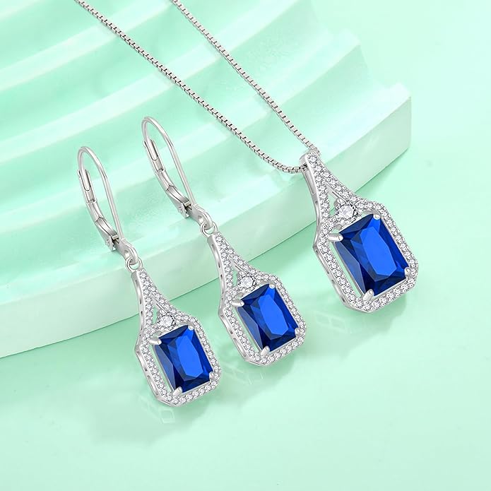 Emerald Cut Dangle Drop Earrings 925 Sterling Silver Halo Rectangular Leverback Earrings Birthstone Jewelry for Women