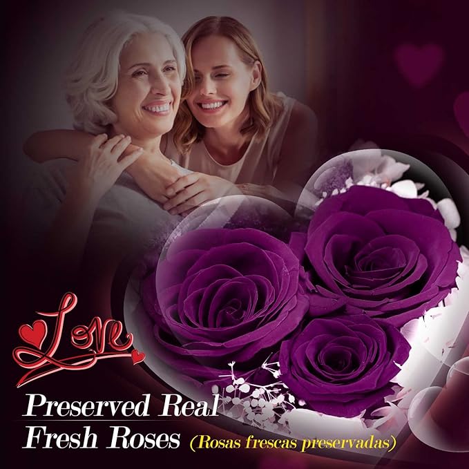 ADDWel Rose Gifts for Women - Preserved Real Roses Forever Purple Flowers with I Love You in 100 Languages Necklace and Cute Moss Bear for Girlfriend Wife Mom Grandma on Birthdays, Anniversaries