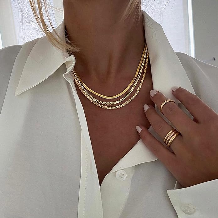 DEARMAY 14K Gold Plated Necklaces for Women, Dainty Gold Herringbone Choker Necklace Thin Layered Snake Chain Jewelry for Gifts