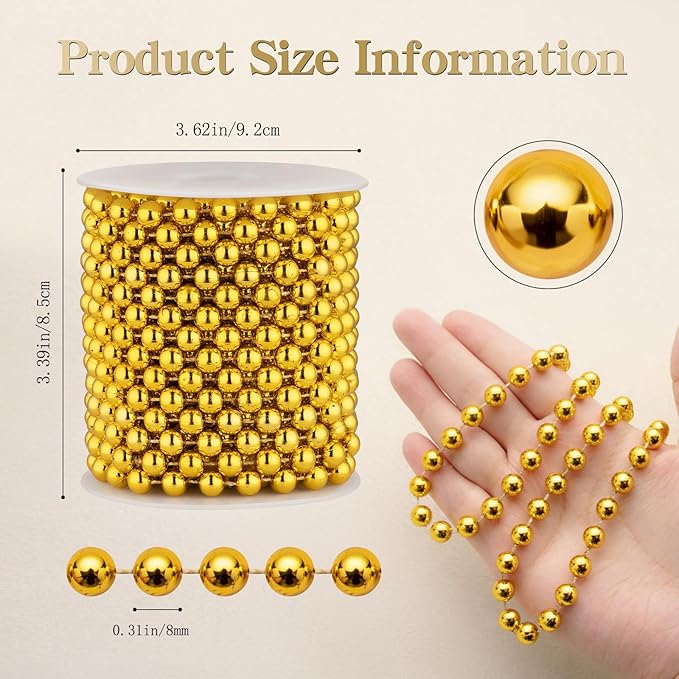 8mm Pearl Garland, 33 Feet Faux Pearl Garland Spool Roll for Wedding Centerpiece Backdrop Christmas Tree and Flowers Decoration DIY Craft (Gold)