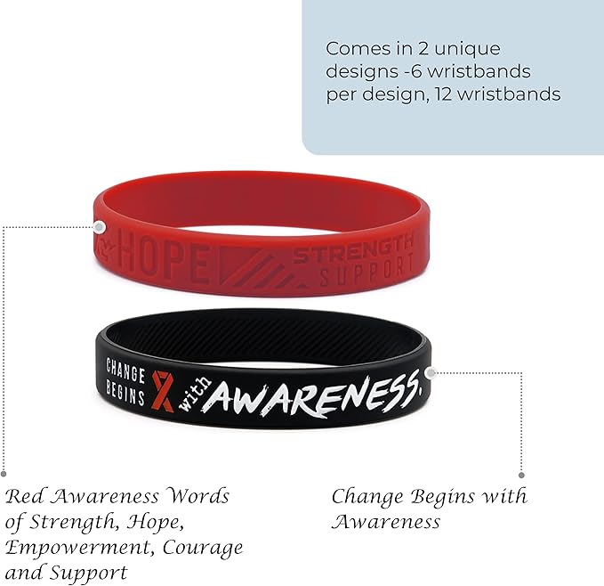 Inkstone (12-pack) Red Awareness Ribbon Silicone Wristbands - Wholesale Pack of 1 Dozen Support Bracelets for Unisex Adults…