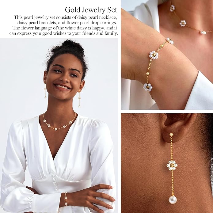 Zeffy Gold Pearl Necklace for Women, Dainty 14K Gold/Silve Plated Layered Pearl Choker Pearl Earrings Pearl Bracelets Wedding Trendy Gold Jewelry Set for Women Gifts