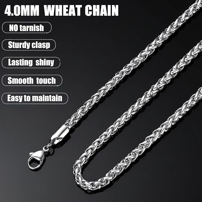 Fiusem Wheat Chains for Men and Women, 2/2.5/3/4/5mm Silver Tone/14K Gold Plated/Black Necklace Chain, Stainless Steel Mens Necklace 16-28 Inch