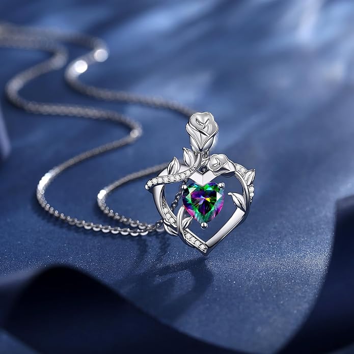 AGVANA Rose Birthstone Necklace for Women Sterling Silver Rose Flower Heart Necklace Fine Jewelry Anniversary Birthday Gifts for Women Wife Mom Her, Length: 18"+2"