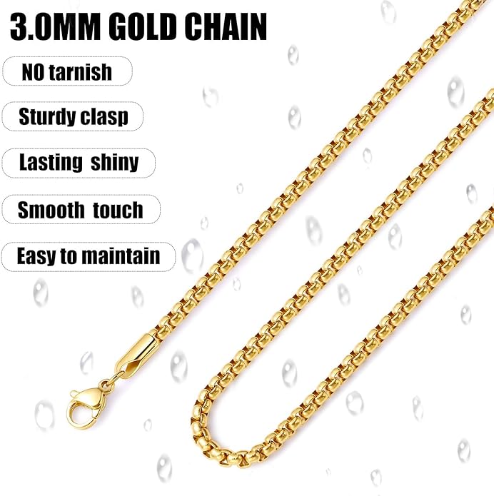 Fiusem Box Chain for Men, Silver Tone/14K Gold Plated/Black Stainless Steel Necklace for Men and Women, Width 2/2.5/3/4/5mm, Length 18-28 Inches