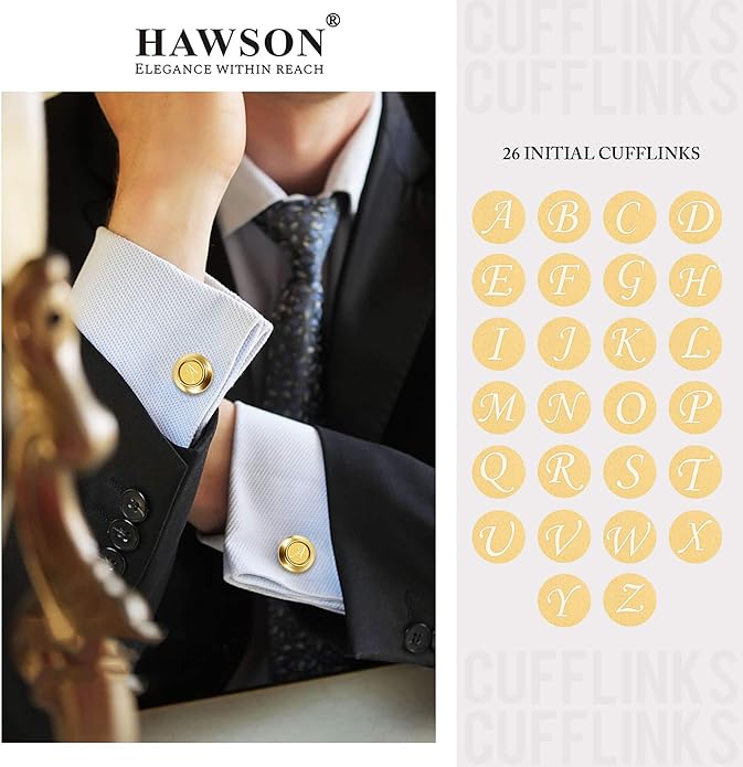 HAWSON 2 inch Tie Clips and Cufflinks Sets for Men A-Z Gold Engraved Letter Cufflinks and Tie Clips Sets for Formal Business Wedding