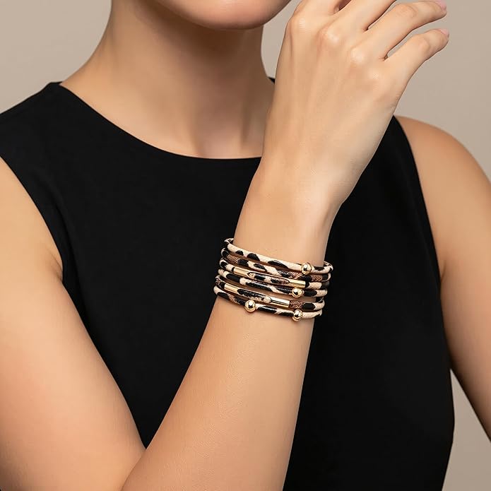 Fesciory Leopard Bracelet for Women, Boho Leather Wrap Multi-Layer Pearl Crystal Bracelet Bangle Jewelry