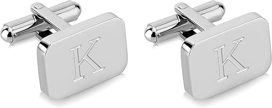 18K White-Gold Plated Initial Engraved Stainless Steel Men’s Cufflinks With Gift Box -Personalized Alphabet Letter’s A-Z By Lux & Pair