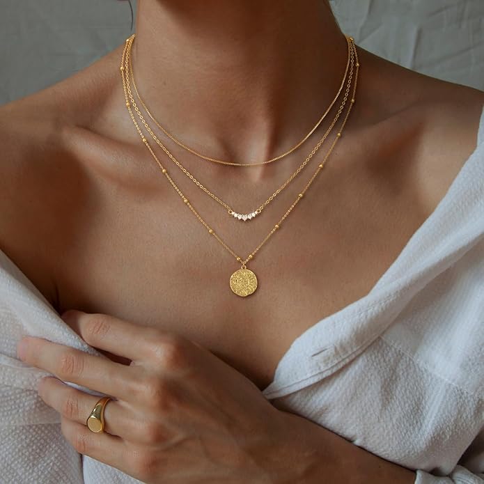 CHESKY 14K Gold Plated Layered Necklaces for Women,Dainty Gold/Silver Plated Chain Necklace CZ Pendant Necklace Adjustable Layering Choker Necklace jewelry Gifts