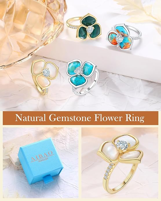 AIBAO Flower Gemstone Rings for Women Three Pental Turquoise/Malachite/Mother of Pearl Flower Ring with Cubic Zirconia Center Sterling Silver Statement Rings Size 6 to 10