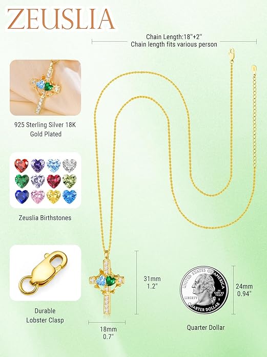 Zeuslia Double Birthstone Necklace Gifts for Wife - 925 Sterling Silver Sunflower/Rose/Crown Cross/Compass/Heart Pendant I Love You Necklace, Anniversary Birthday Gifts for Wife Girlfriend Mom Her