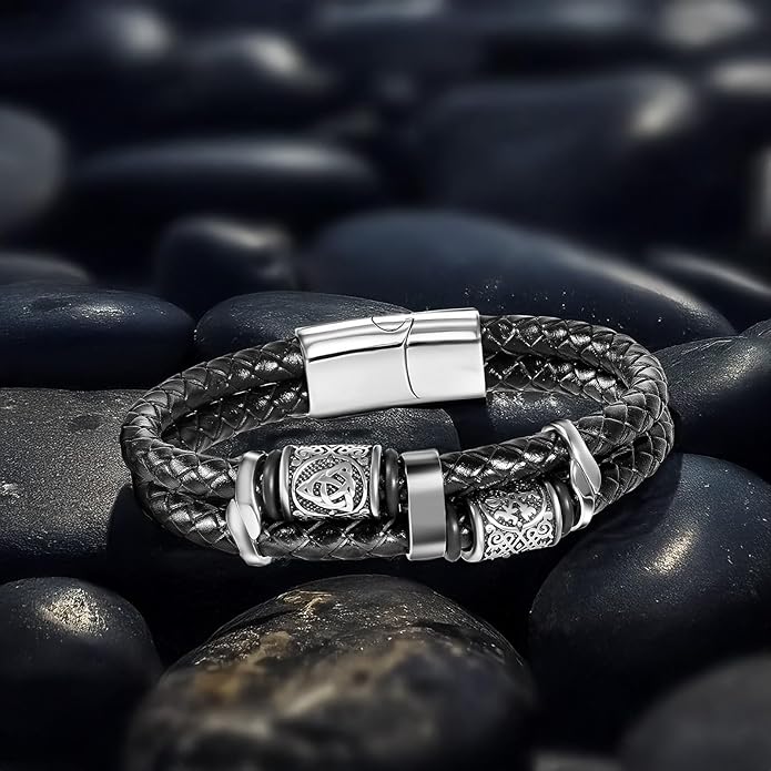 Viking Leather Bracelet For Men Balck Cool Handmade Stackable Jewelry, Faith and Courage Bangle Bracelets
