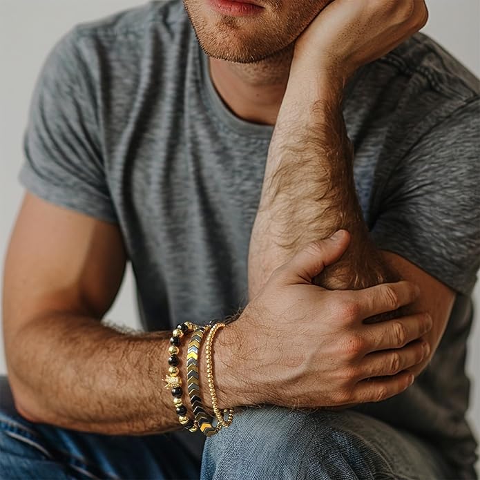 3pc Mens Beaded Bracelets Silver Stainless Steel Chain Bracelet for Men Handmade Braided Bracelet Sets Jewelry Gifts for Men