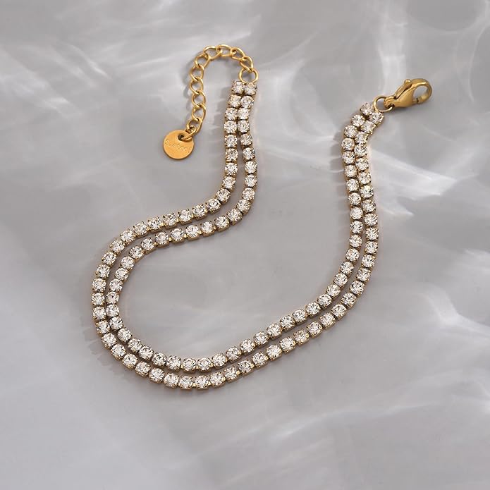 Anklet Bracelets for Women 18K Gold Plated Tennis Anklets Dainty Sapphire Paperclip Pearl Sequin Droplet Adjustable Large Anklet Bracelets Simple Beach Summer Waterproof Foot Jewelry