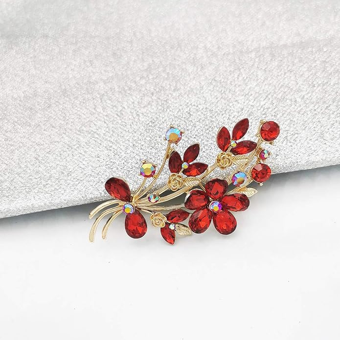 YOQUCOL Red Colour Zircon Crystal Poppy Flower Bouquet Shape Brooch Pins for Woman Gift