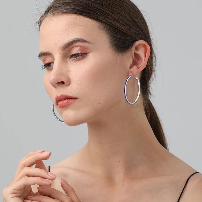 925 Sterling Silver Earrings Large Rhinestone Hoop Earrings Big Cubic Zirconia Hoop Earrings Thin Rhinestones Round Hoop Earrings for Women 20/30/40/50/60/70mm Sparkly Hoops With Crystals for Womens