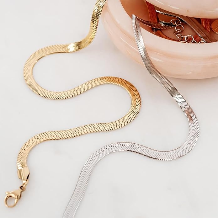 CHESKY Gold Necklace for Women-14K Gold Plated/Sterling Silver Plated Snake Chain Necklace Dainty Simple Chunky Herringbone Necklace Choker Necklaces Jewelry for Women