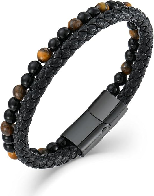 Mens Tiger Eye Matee Black Onyx Lava Rock Volcanic Stone Beaded Bracelet, Black Braided Leather Bracelet for Men