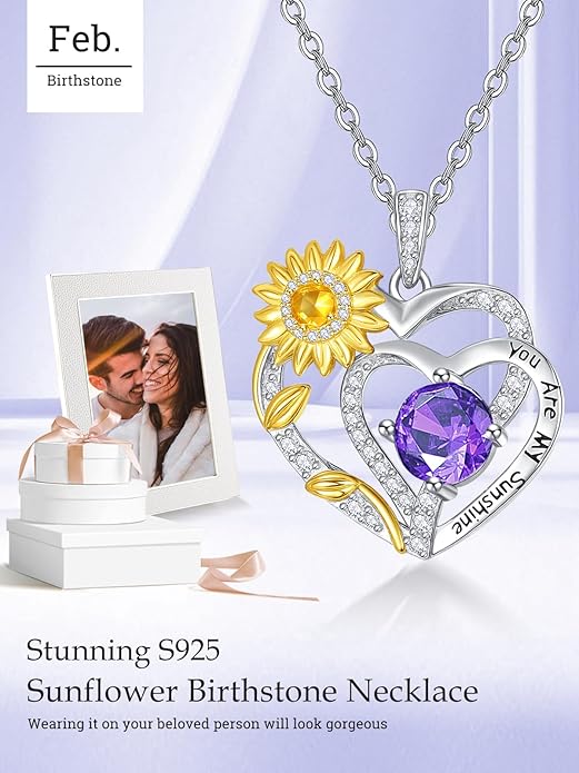 Zeuslia Double Birthstone Necklace Gifts for Wife - 925 Sterling Silver Sunflower/Rose/Crown Cross/Compass/Heart Pendant I Love You Necklace, Anniversary Birthday Gifts for Wife Girlfriend Mom Her