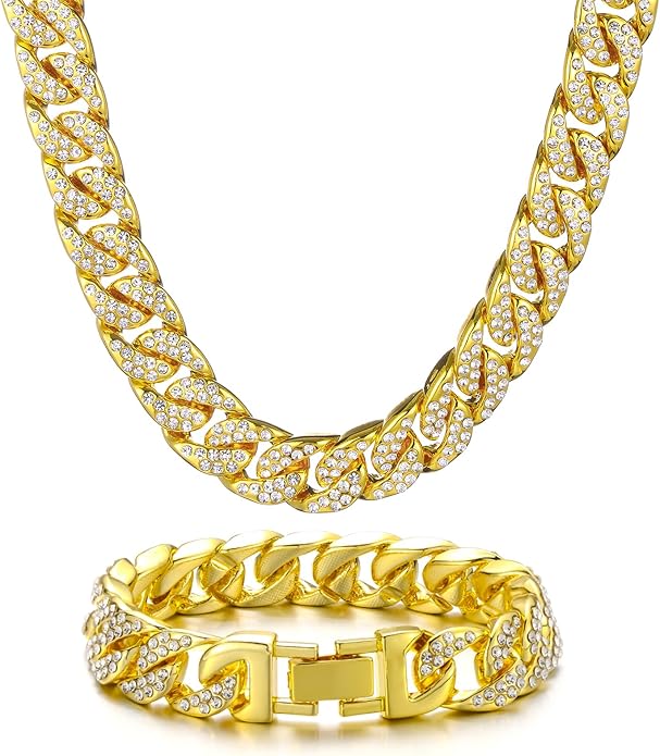 Saintda Cuban Link Chain and Bracelet Set for Men Women Iced Out Diamond Gift for Boys Hip Hop Rapper Jewelry