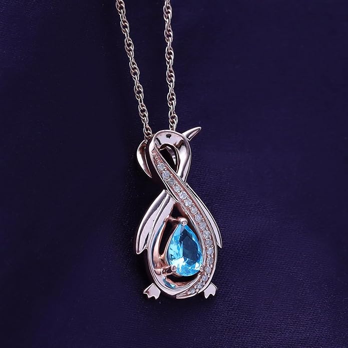 Infinity Penguin Pendant Necklace for Women, 14K Gold Over Sterling Silver with Pear & Round Cut Simulated Birthstone & White Diamond Accents, Dainty Animal Jewelry Gift with 18" Chain