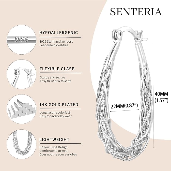 Senteria Sterling Silver Hoop Earrings - Medium, Lightweight, Thick Twist Oval Hoops