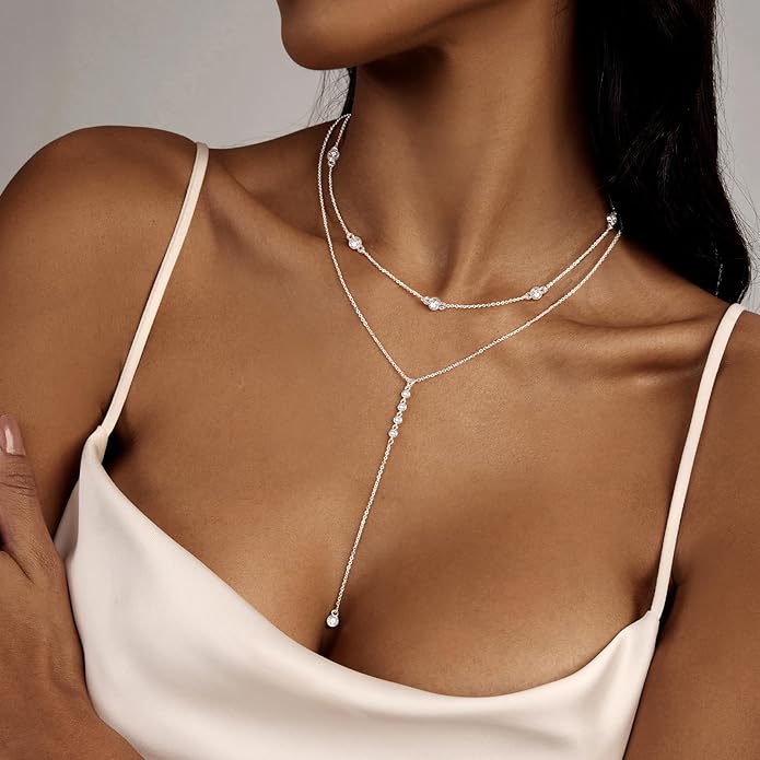 Zeffy Lariat Gold Necklace for Women, Dainty Long Necklace 14k Gold/Silver Plated Layered CZ Beaded Bar Chain Y-Shaped Body Chain Stack Drop Wedding Necklace Trendy Simple Gold Jewelry Gifts