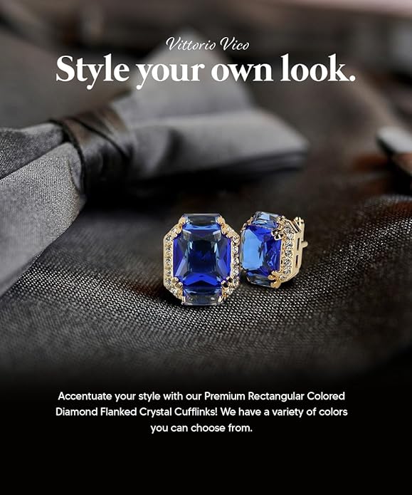 Rectangular Colored Diamond-Flanked Crystal Cuff Links – Tuxedo Suit Accessories, Cufflinks for Men