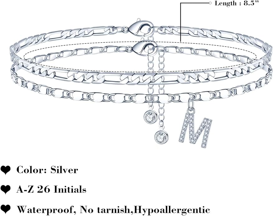 Ursteel Ankle Bracelets for Women, 14K-Gold-Plated Dainty Layered Chain CZ Initial Anklets Set Summer Jewelry Gifts for Women