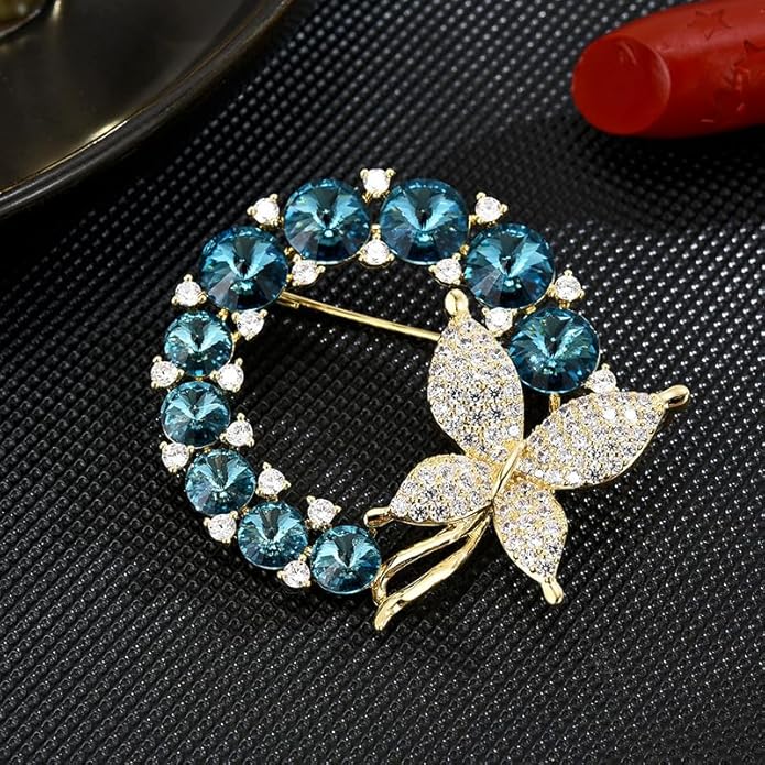 14K Gold Grand Butterfly Brooch with Crystal Embellishments, Circular Design Adorned with Natural Pearl, Luxurious and Elegant Pin for Stylish Attire