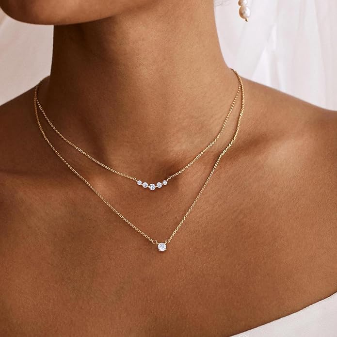 Layered Necklaces for Women,Dainty 14k Gold Plated Choker Necklace Stack Trendy Simple Diamond Pendant Necklace Set for Women Non Tarnish Cute Layering Cubic Zirconia Necklace Fashion Waterproof Jewelry for Women