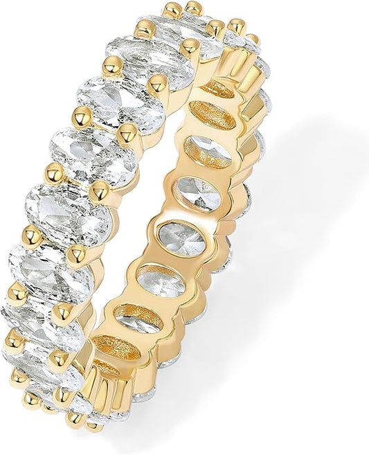 PAVOI 14K Gold Plated Rings - Oval Cubic Zirconia Love Ring and Eternity Ring - 5mm Stackable for Women