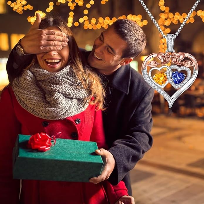 Iefil Double Birthstone Necklace Gifts for Wife Girlfriend Her Women, Birthstone Jewelry Gemstone Valentines Birthday Gifts for Her Women Wife Mom Grandma
