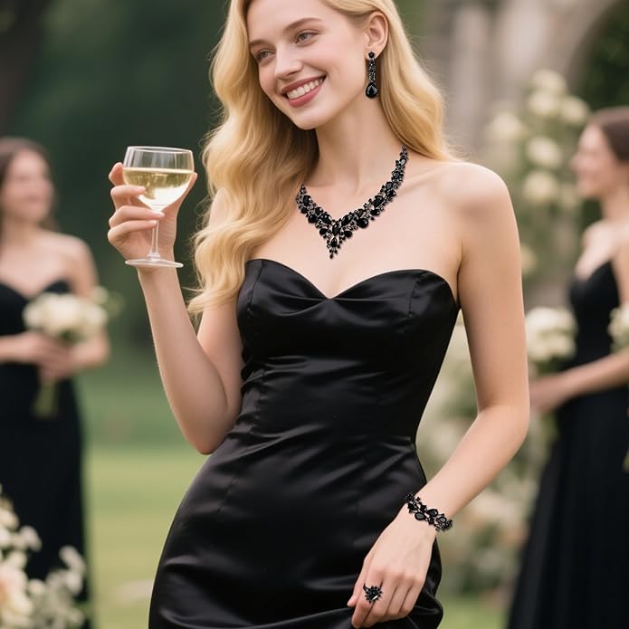 BriLove Wedding Bridal Jewelery for Women Austrian Crystal Teardrop Cluster Statement Necklace Dangle Earrings Link Bracelet Set