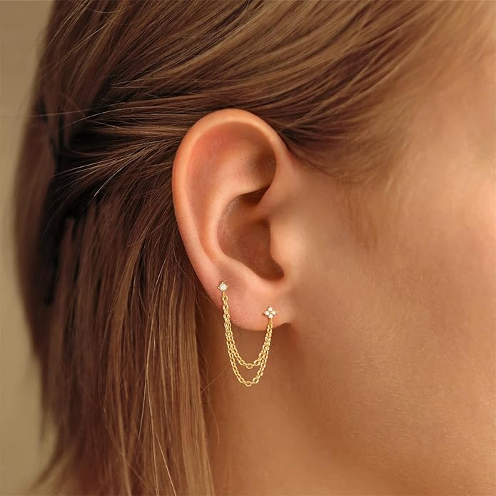 Freekiss Gold Chain Studs Earrings for Women Trendy: Hypoallergenic 14K Gold Plated Dangle Earrings Dainty Small Long Chain Earring Set Fashion Gold Jewelry for Women