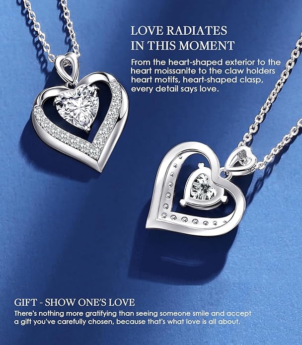 Beam & Bask 2-3 Ct Moissanite Double Heart Pendant Necklaces for Wife, 18K Gold Plated S925 Silver Jewelry for Women Girlfriend Mom Her on Anniversary Birthday