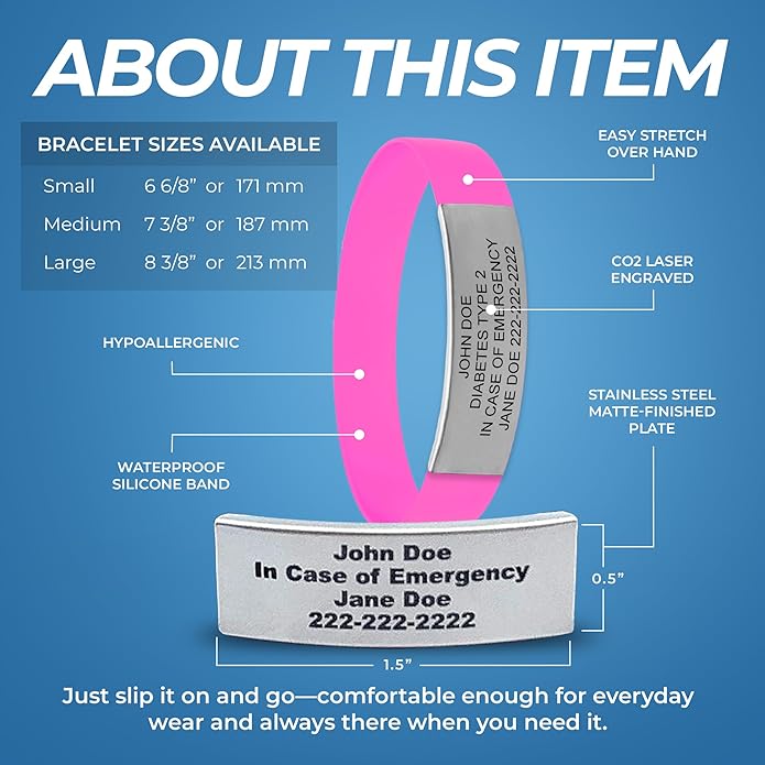 Personalized Medical Alert Bracelet for Men & Women – Custom Engraved Waterproof Silicone Wristband with Stainless Steel ID Plate – Medical ID Bracelet for Allergies, Conditions, ICE Info & Emergency Card