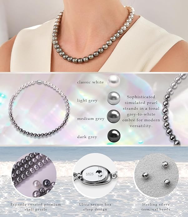 Raneecoco HYPER LUSTER Sterling Silver Round Simulated Pearl Necklace for Women | Dainty Choker or Long Pearl Necklace | Gift Ready for Wedding