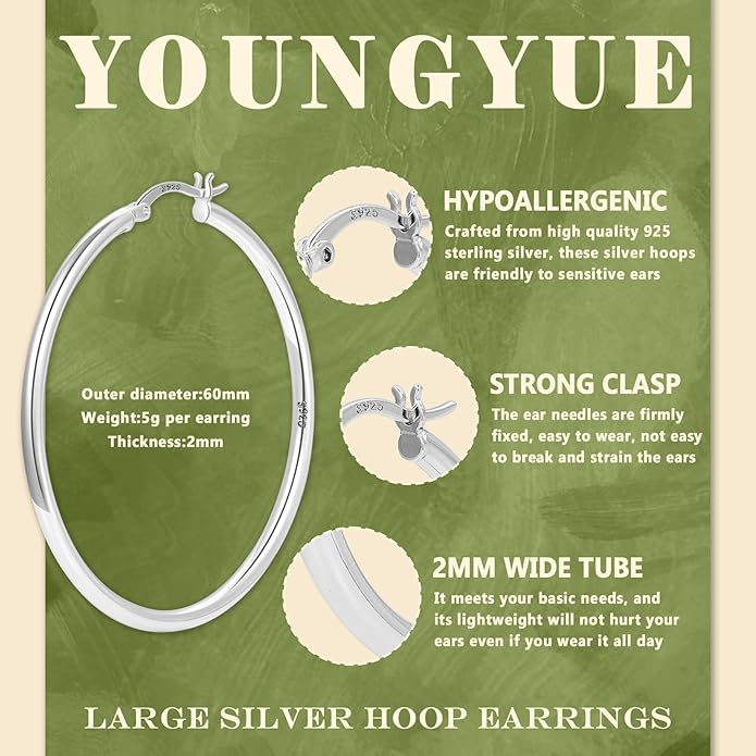 YOUNGYUE 925 Sterling Silver Hoop Earrings for Women Hypoallergenic Oversize 14K Gold Hoops Earrings for Women Thin Gold Plated Hoop earrings Lightweight Large Silver Hoop Earrings 30/40/50/60/70mm