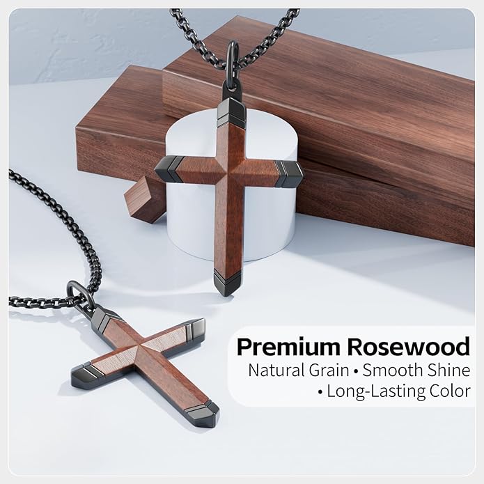 OOTDSE Wooden Cross Necklace for Men and Women 304L Stainless Steel Durable Snag-Free Box Chain with Reinforced Clasp Christian Gift for Dad/Son/Husband/Loves/Friends on Easter/Birthday/Father's Day