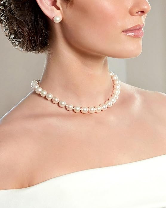 The Pearl Source Real Pearl Necklace for Women with AAA+ Quality Round White Freshwater Genuine Cultured Pearls | Pearl Strand with 14K Gold Plated Sterling Silver Clasp