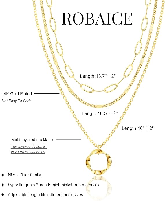 Layered Necklace for Women 14K Gold Plated Dainty Paperclip Herringbone Pearl Cross Pendant Necklace Stack，Layering Chain Cuban Figaro Rope Chain Choker Trendy Gold Jewelry Gift