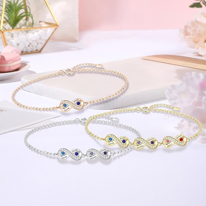 BABOOM Personalized Birthstone Bracelet for Mom Custom Infinity Name Bracelets with 1-8 Birthstones Jewelry Mothers Day Gifts for Women Mother Wife Grandma