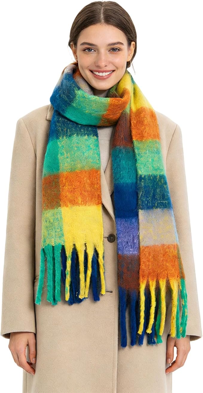 SHOHOKU Large Chunky Plaid Scarf Coloured Checked Oversized Scarf Tassel Soft Fall Winter Thick Warm Shawl Women