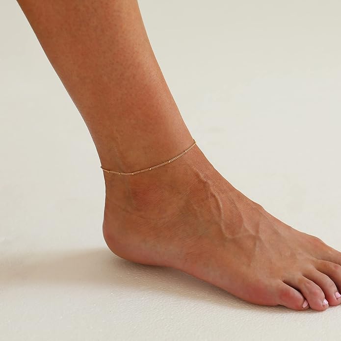 Dainty Ankle Bracelets for Women 18K Gold Plated Satellite Beaded Herringbone Chain Anklets Simple Lip Chain Anklet Minimalist Summer Beach Foot Jewelry Christmas