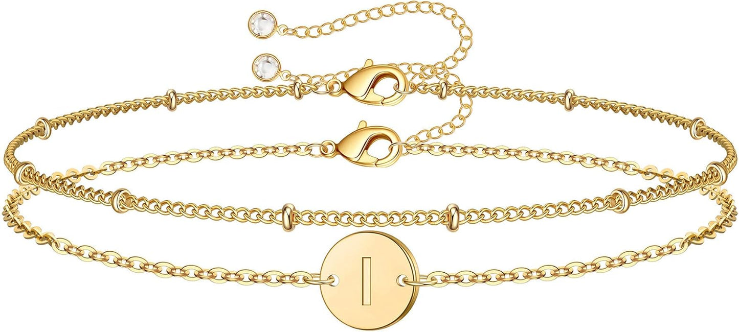 MONOZO Gold Initial Bracelets for Women Girls Christmas Gifts - Dainty 14K Gold Plated Layered Beaded Letter Initial Bracelet 26 Alphabet Disc Monogram Charm Bracelet Jewelry Christmas Gifts for Women