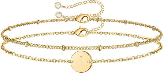 MONOZO Gold Initial Bracelets for Women Girls Christmas Gifts - Dainty 14K Gold Plated Layered Beaded Letter Initial Bracelet 26 Alphabet Disc Monogram Charm Bracelet Jewelry Christmas Gifts for Women