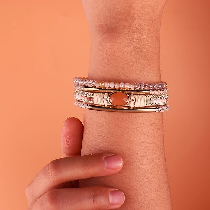 FANCY SHINY Leather Wrap Bracelets Crystal Beads Bracelet Boho Cuff Stone Charm Bracelets with Clasp Costume Jewelry for Women