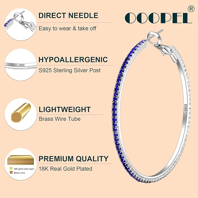 925 Sterling Silver Earrings Large Rhinestone Hoop Earrings Big Cubic Zirconia Hoop Earrings Thin Rhinestones Round Hoop Earrings for Women 20/30/40/50/60/70mm Sparkly Hoops With Crystals for Womens